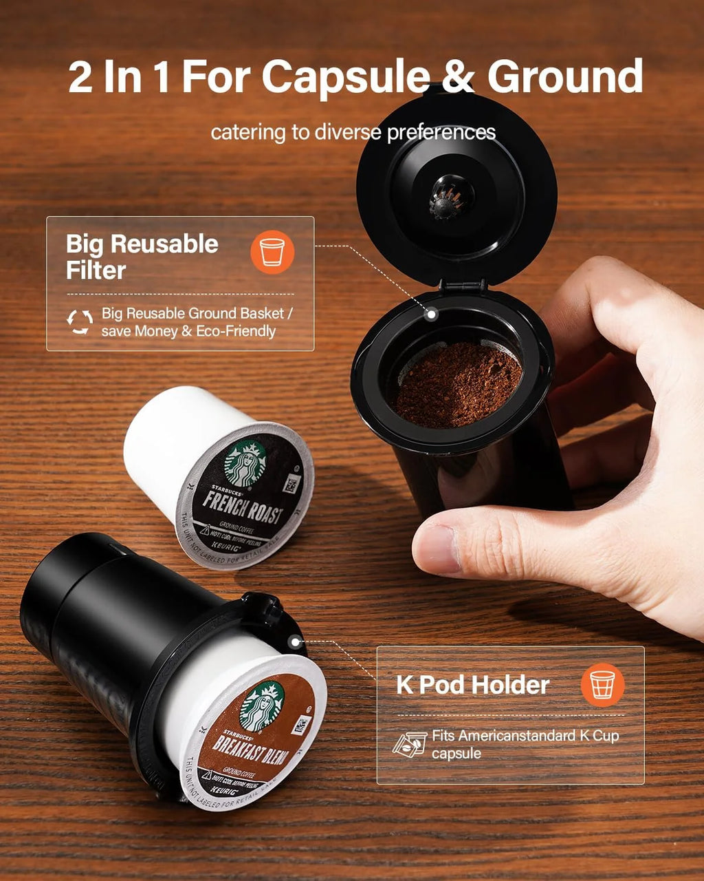 Single Serve Coffee Maker, Hot and Iced Coffee Machine for K-Cup Pods & Ground Coffee, 6 to 14 oz Brew Sizes, 50 oz Removable Water Tank, Bold Brew Setting, Stainless Steel, Black