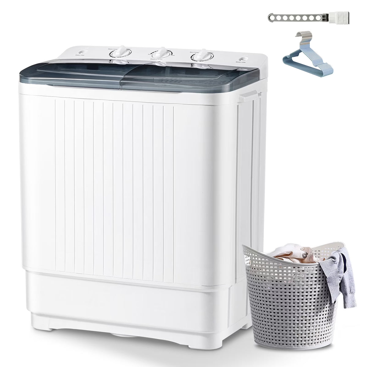 Dimedeal Portable 18lbs Twin Tub Mini Washing Machine, 11lbs Washer & 7lbs Spinner with Drying Rack & Hangers