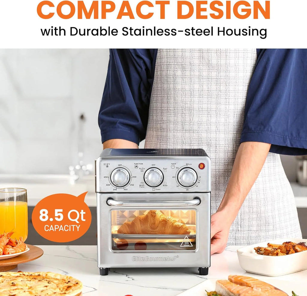 EAF0852SS 8.5Qt. Capacity Air Fryer Oven, Air Fry, Broil, Toast, Bake & Broil with Convection, Time and Temperature Controls, 800-, Includes 25 Delicious Recipes, Stainless Steel