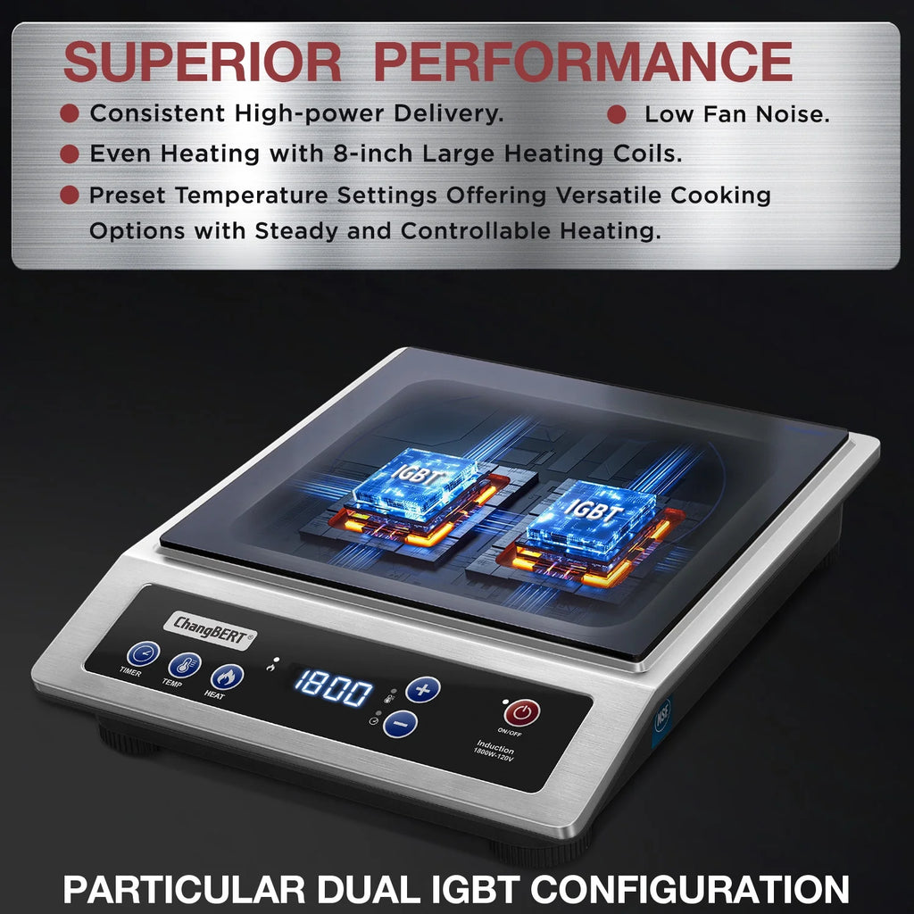 ChangBERT Induction Cooktop, Commercial Grade Portable Cooker, Large 8" Heating Coil, Premium Stainless Steel Countertop Burner 1800W, 10 Hours Timer