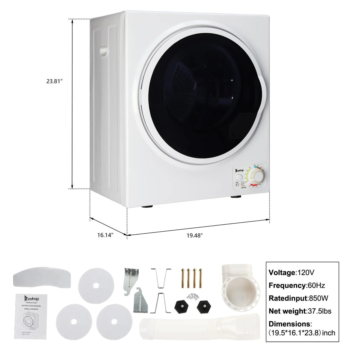 UbesGoo 1.6 cu. ft.Compact Portable Electric Laundry Dryer,White
