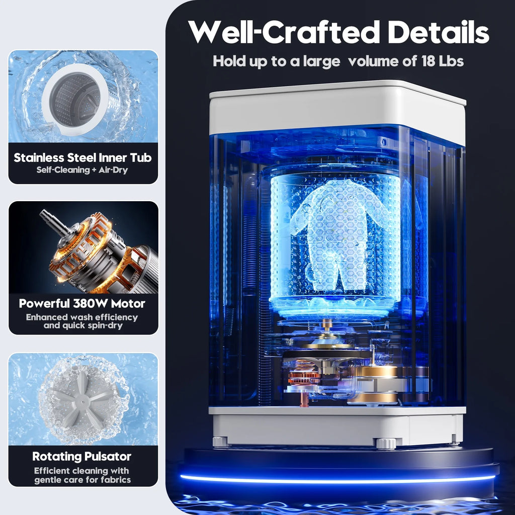 Auertech 18lbs Portable Washing Machine, Fully Automatic Portable Washer with LED Display,Washer & Dryer Combo, 7 Wash Cycles, 4 Water Levels