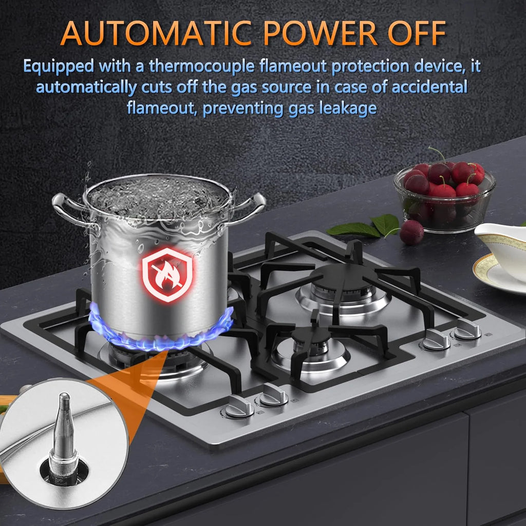 24 inch Gas Cooktop, Bulit-in Gas Stove Top with 4 Burner, NG/LPG Convertible Cooktops, Dual Burner Propane Cooktop with Thermocouple Protection, Stainless Steel