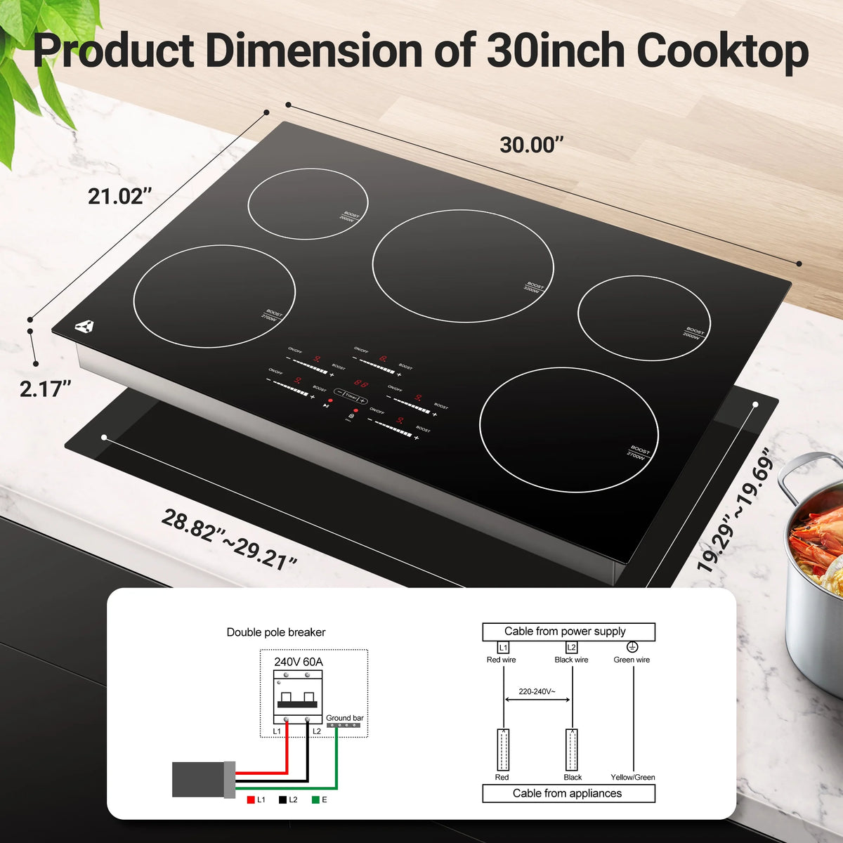 Sunmaki 30-Inch Electric Cooktop, 5-Burner Built-in Ceramic Glass Stove Top with Touch Control, 10600W
