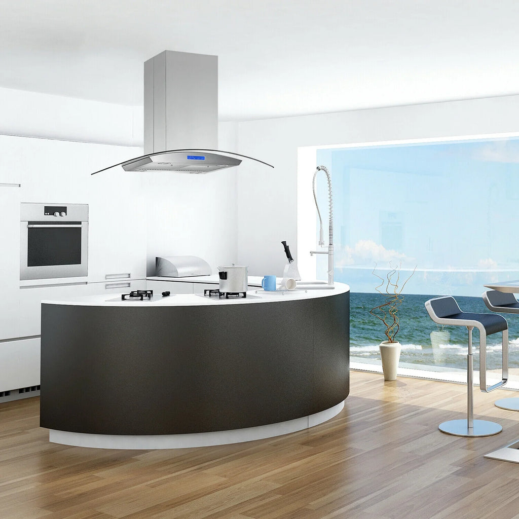 Tieasy 36 inch Island Mount Range Hood 900 CFM with Glass LCD Touch Control 4 LED Lamps