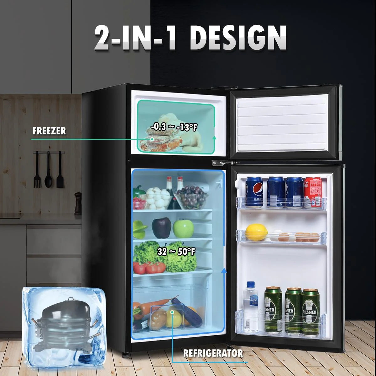 Giantex Compact Refrigerator, 3.4 cu. ft. Mini Cooler Fridge, Freestanding Fridge w/Adjustable Thermostat, Black