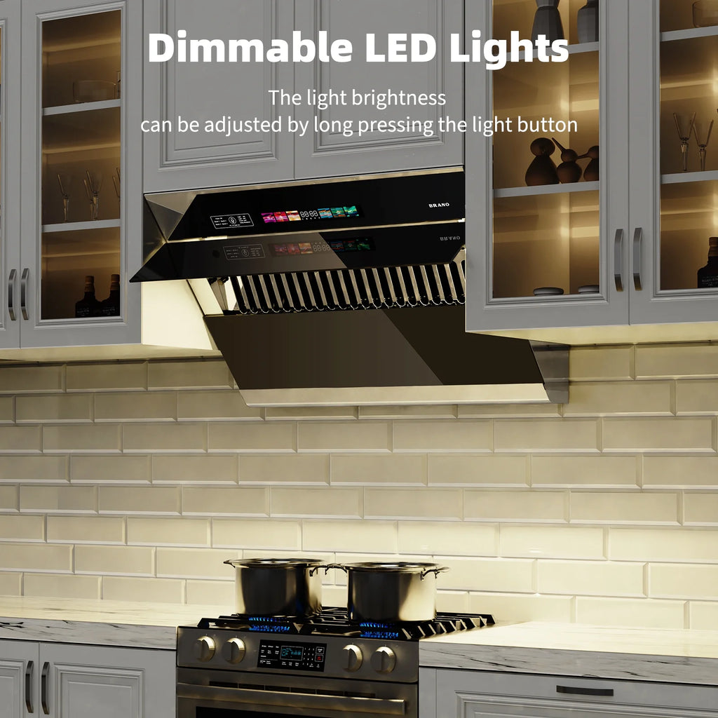 BRANO 30 inch Range Hood Stainless Steel Kitchen Hood, 900CFM, Voice/Gesture Sensing, Touch Control, Side-Draft Design