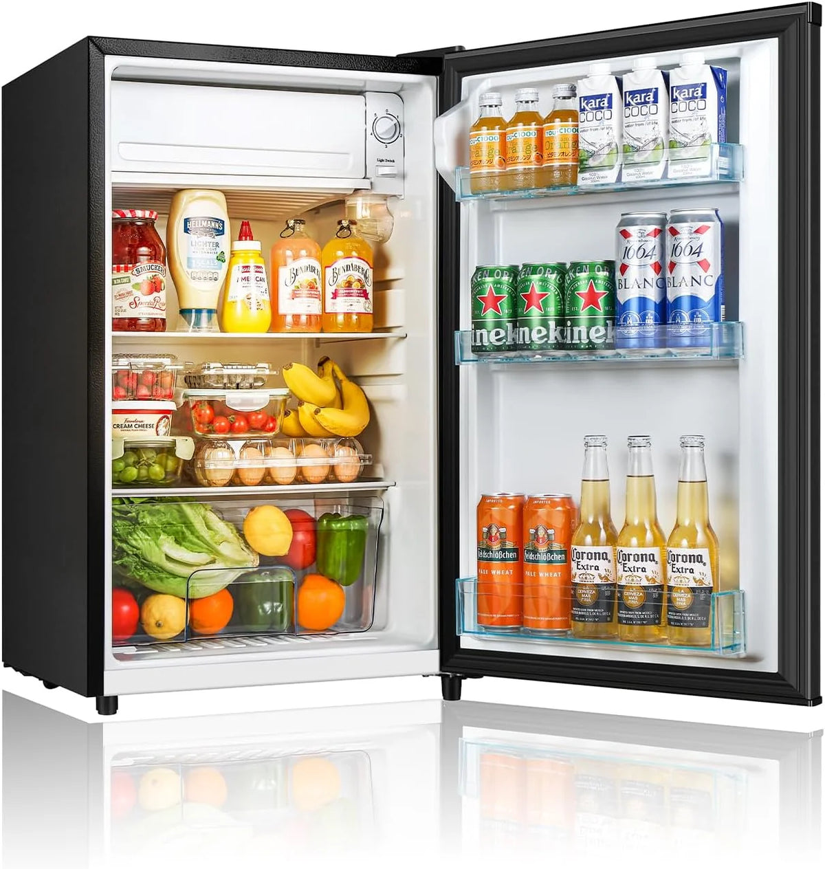 Seaoola Mini Fridge with Freezer, Single Door 4.4 Cu.Ft, Compact Mini Refrigerator, LED Light, Adjustable Thermostat, Removable Glass Shelves, Small Refrigerator for Dorm/Office/Bedroom(Black)