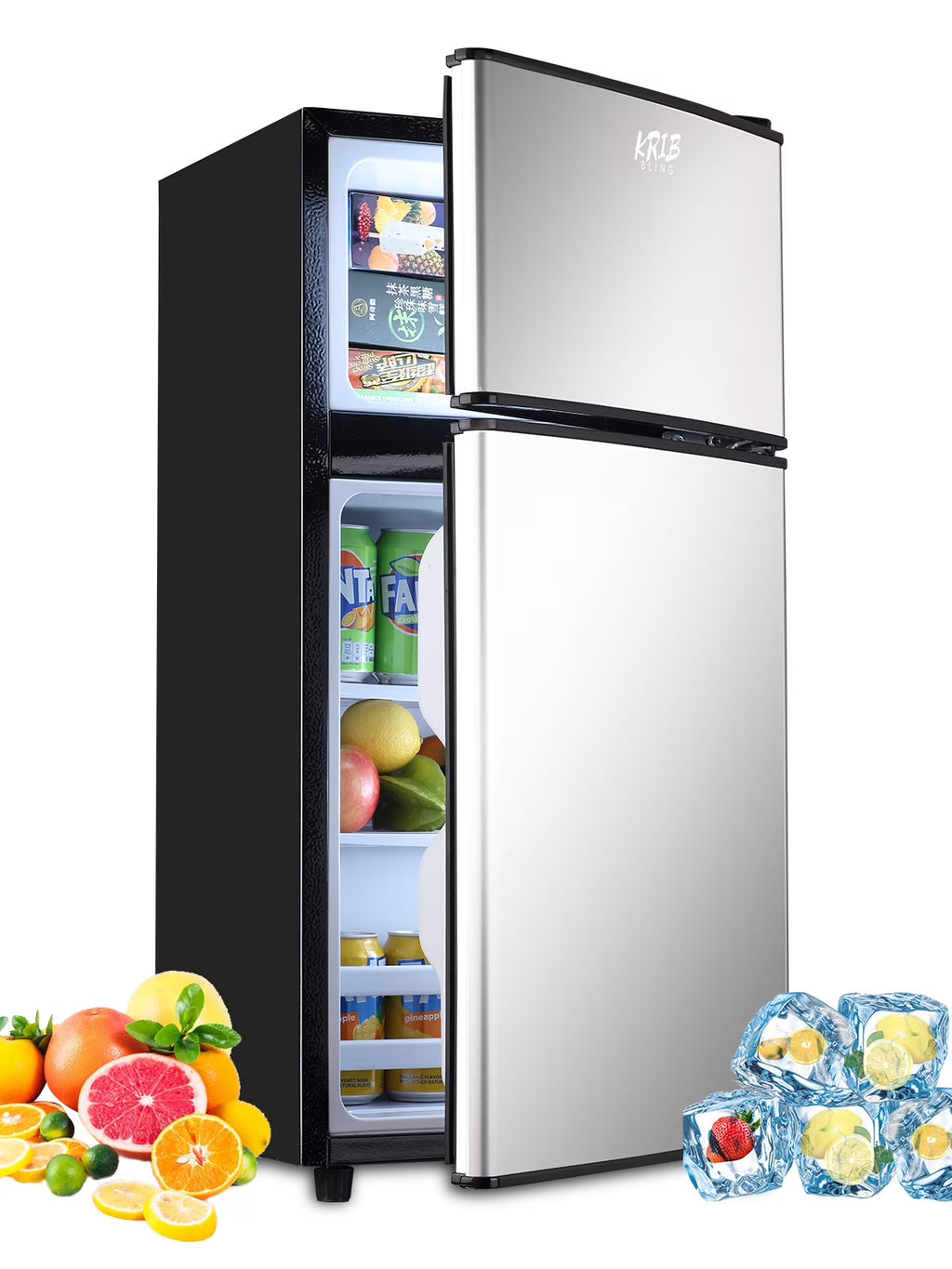 Krib B Compact Refrigerator 3.5 Cu.ft, Mini Fridge with Freezer, Modern Fridge with Dual Door, 7 Grade Temperature Adjustment, Silver