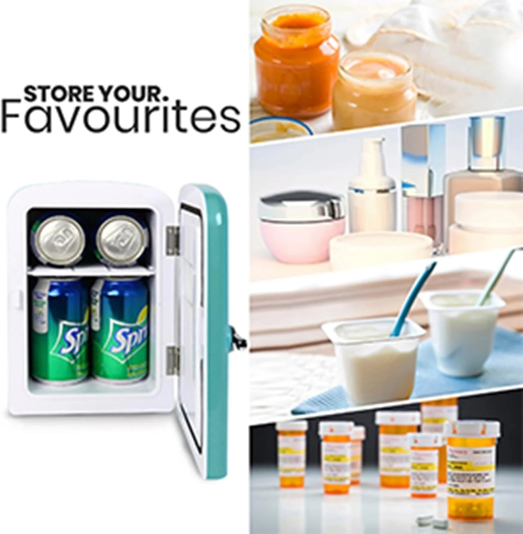 Mini Fridge - Refrigerator for Bedroom Office, Portable Table Top Beverage Cooler, 12V 110V Refrigerador For Drinks, Soda, Wine, Use In Car, Dorm, Outdoor, Patio, 6 Can