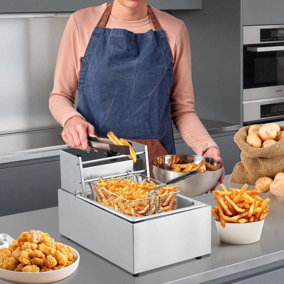 Electric Deep Fryer,Tank Stainless Steel Deep Fryer, Temperature Control, Countertop Fryer for Home Kitchen and Restaurant, 110V
