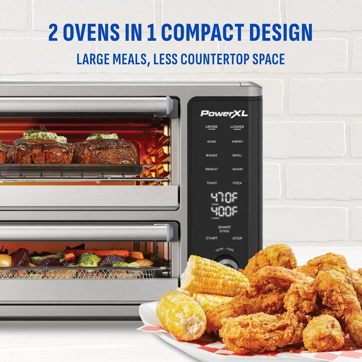 PowerXL SmartSynx Dual Door Oven, 8 Quick-Touch Cooking Presets including Air Fry, Toast, Bake, Broil, Reheat and More Cook 2 Different Foods at the Same Time, Large Capacity & Adjustable Temperature