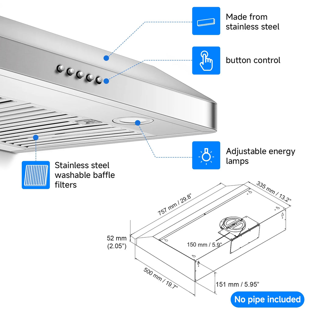 Sunmaki 30 inch Under Cabinet Range Hood with 3  Speed Exhaust Fan, 750CFM Fan Kitchen Stove Vent, Push Button