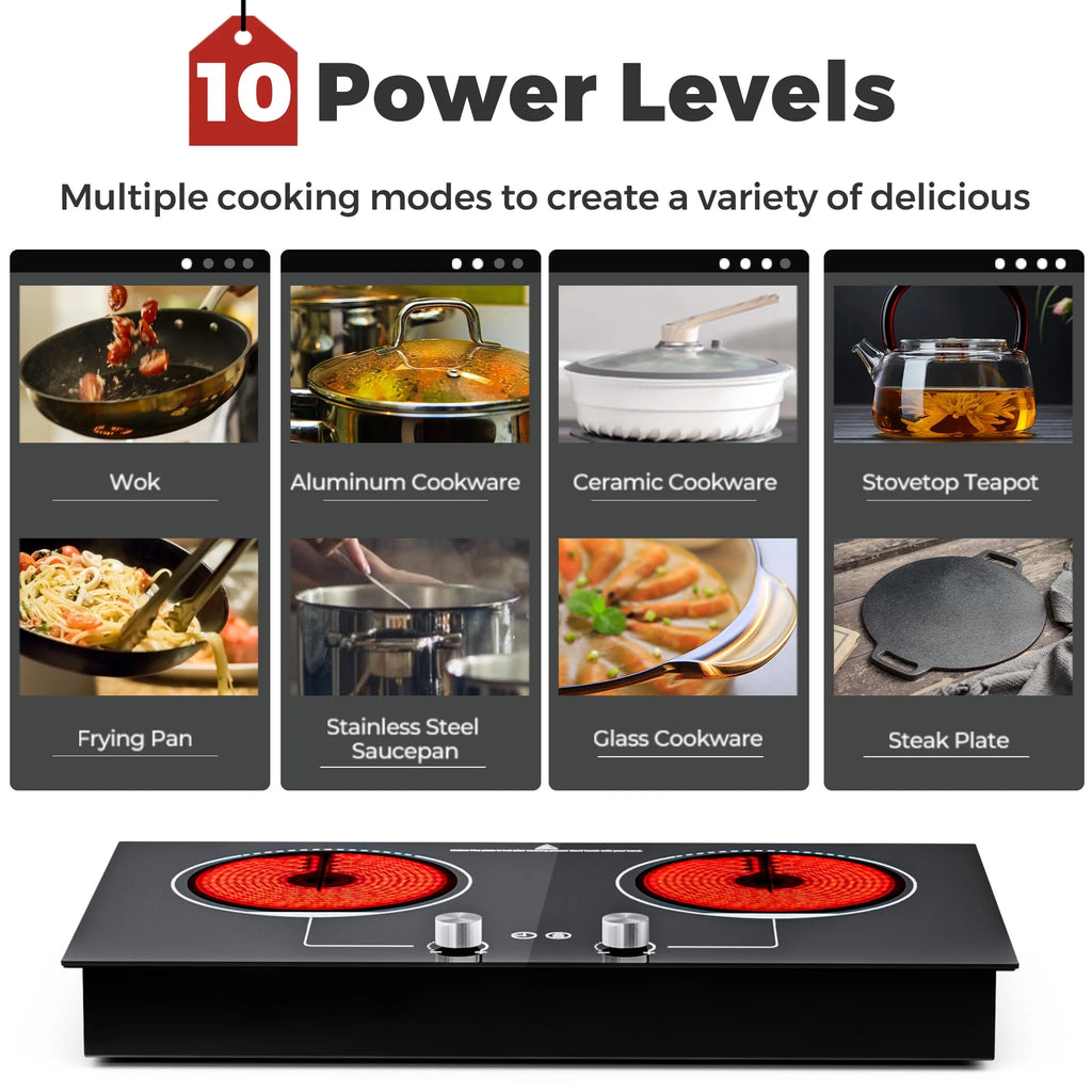 Advwin 2-Burner 1800W Electric Cooktop with Child Safety Lock, Timer & 10 Power Settings - 110V Countertop Stove