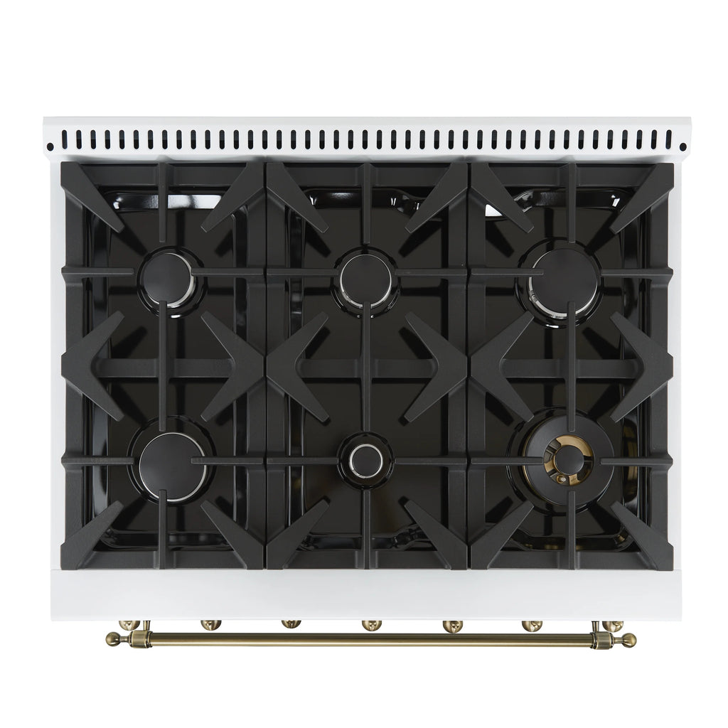 Forno Antico 36-inch Dual Fuel Range White and Antique Brass Design with 6 Sealed Gas Burners and Electric Convection Oven