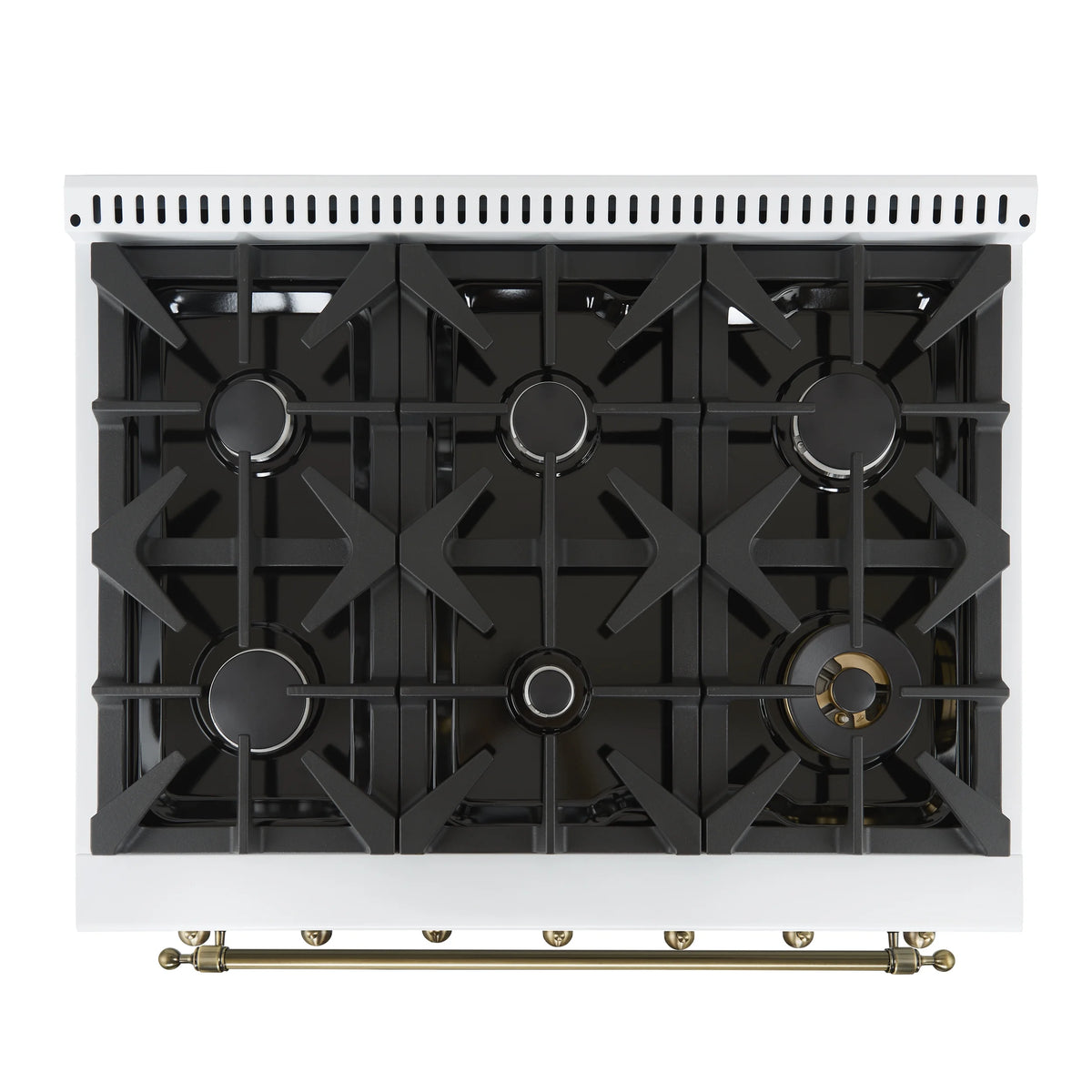 Forno Antico 36-inch Dual Fuel Range White and Antique Brass Design with 6 Sealed Gas Burners and Electric Convection Oven