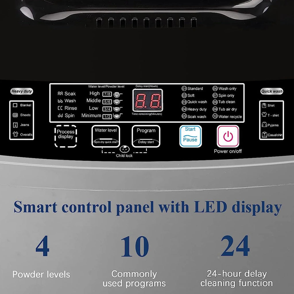 Full-Automatic Washing Machine, Portable Laundry Washer, Compact 17.7 lbs, LED Display, Drain Pump, 10 Wash Programs 8 Water Levels