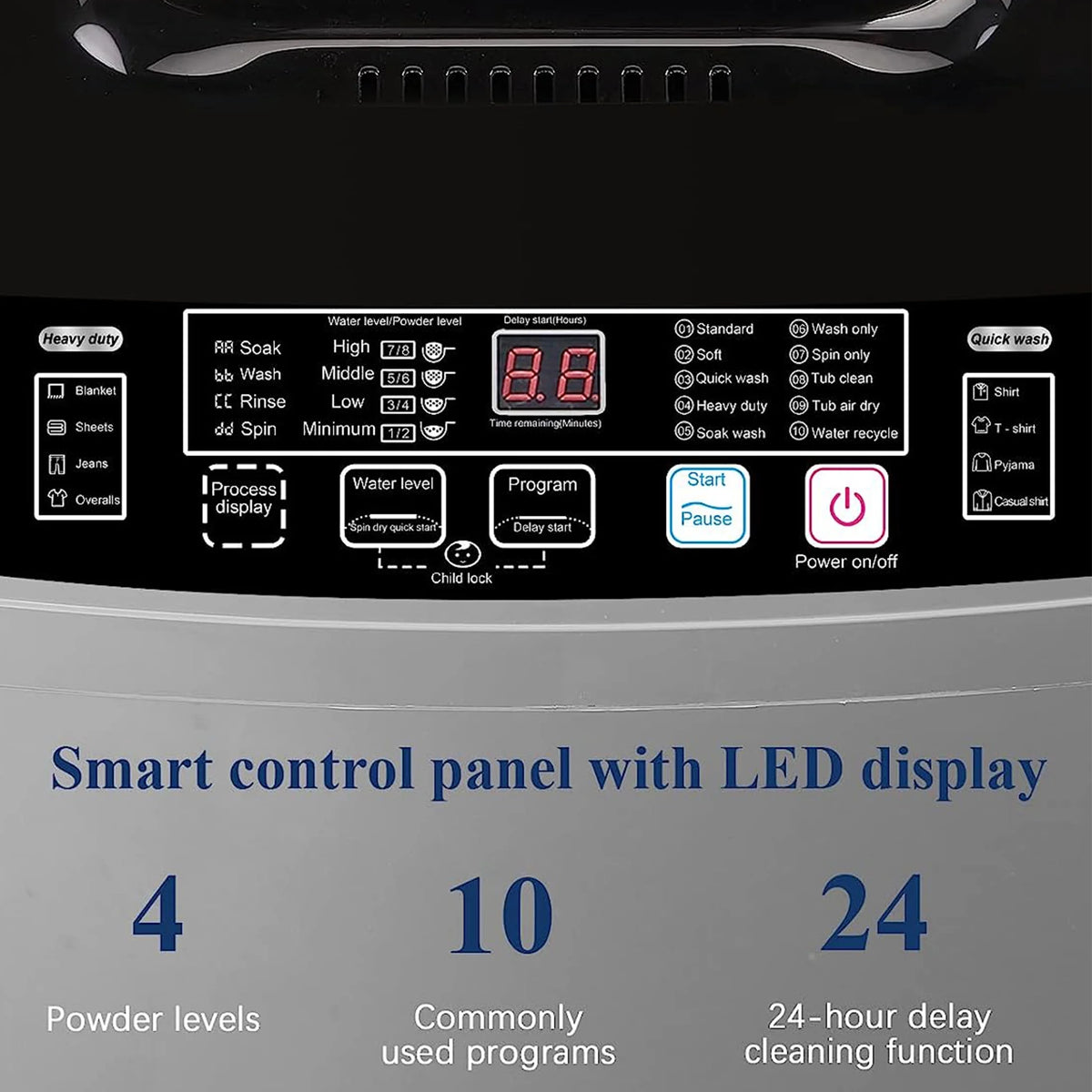 Full-Automatic Washing Machine, Portable Laundry Washer, Compact 17.7 lbs, LED Display, Drain Pump, 10 Wash Programs 8 Water Levels