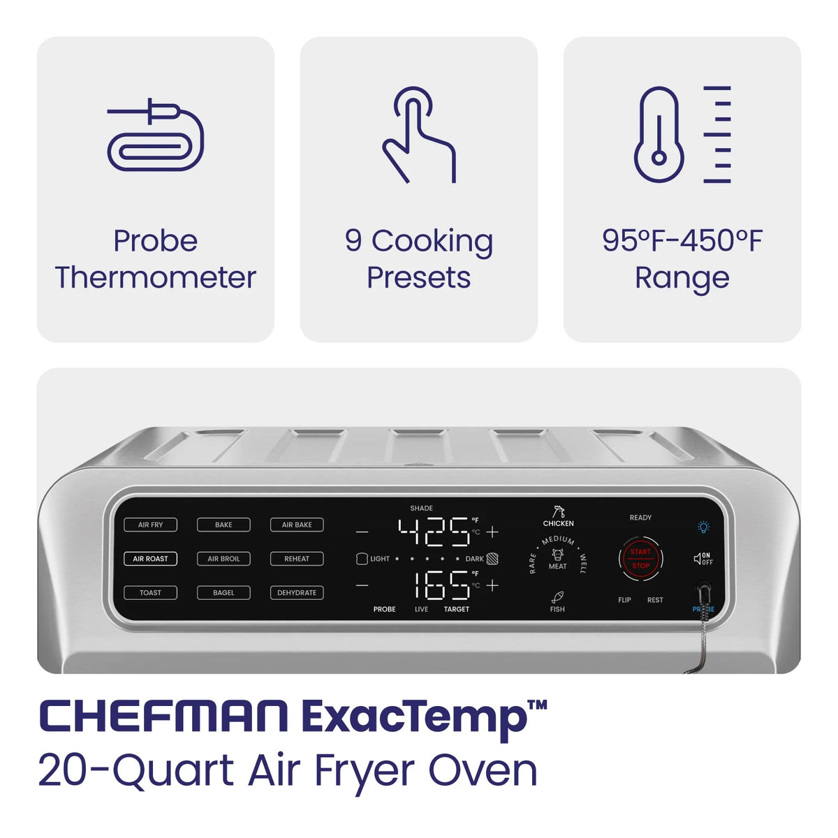 Chefman 12-in-1 Air Fryer Oven Combo w/ Probe Thermometer, 20 Qt Capacity - Black Stainless Steel, New