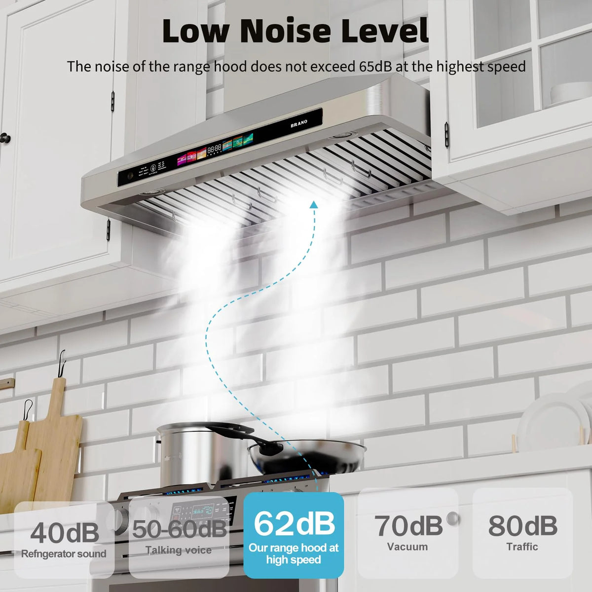 Brano 30-Inch Canopy Range Hood, Wall Mount, 900 CFM, 4-Speed Exhaust Fan, Stainless Steel, LED Lights, Memory Mode