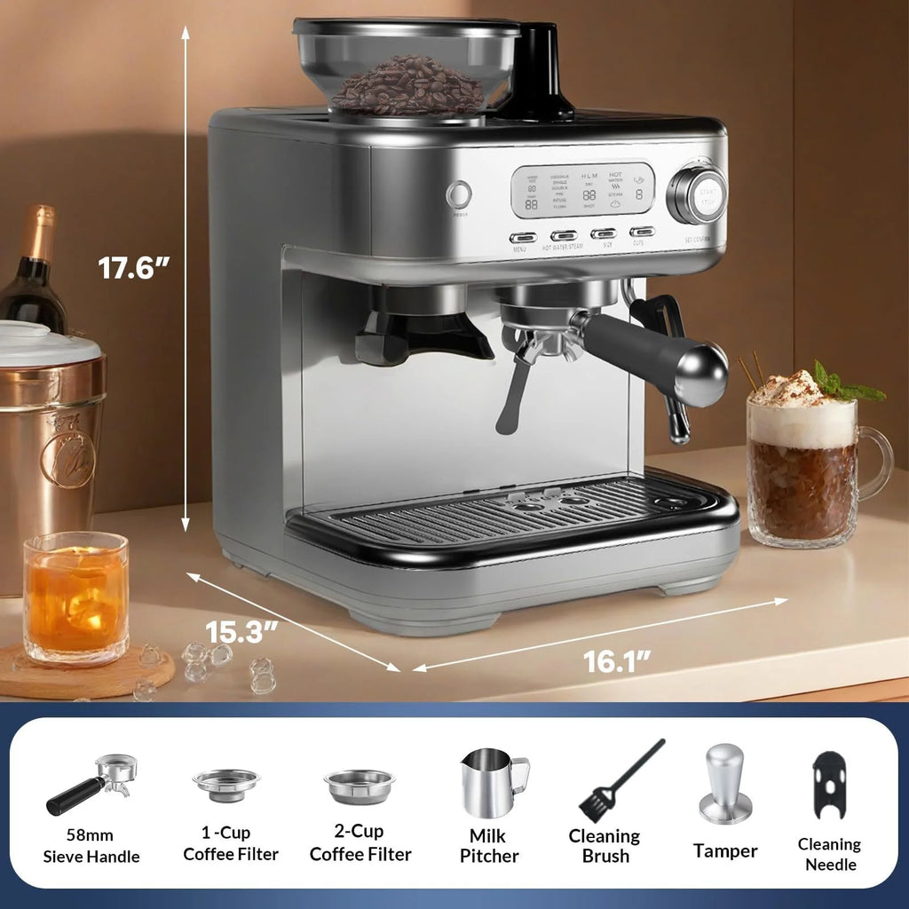 Espresso Machine with Built-in Grinder,Italian ULKA 15 Bar Espresso Machine - 85oz Water Tank, Dual PID Control, Milk Frother & Auto-Cleaning for Perfect Lattes and Cappuccinos