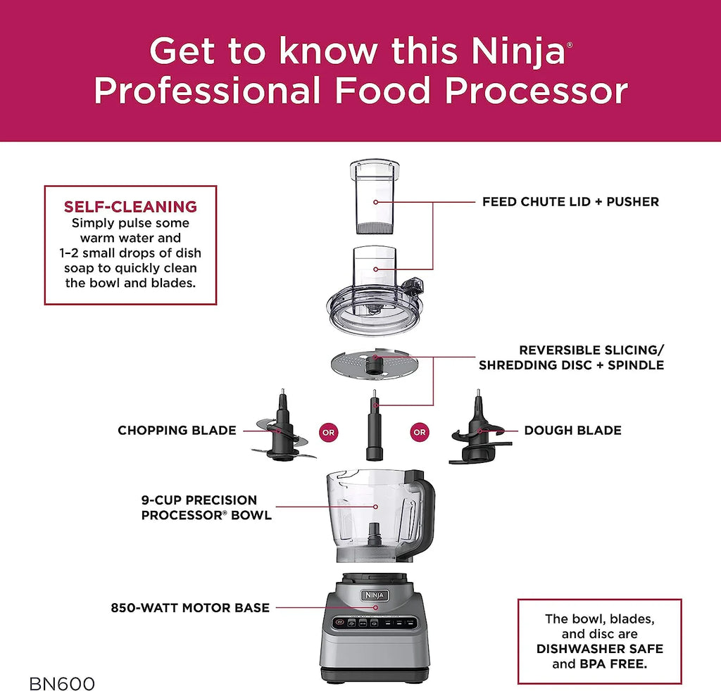 Restored Ninja BN600 Professional Plus Food Processor, 850 Watts, 3 Functions for Chopping, Slicing & Dough with 9-Cup Processor Bowl, 3 Blades, Food Chute & Pusher, Silver (Refurbished)