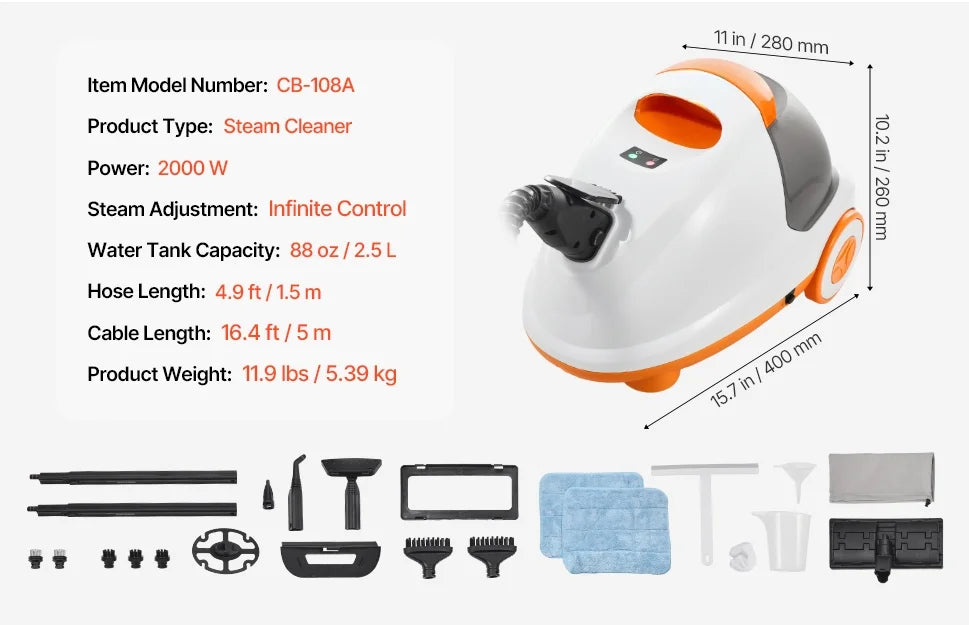 2000W Heavy Duty Steam Cleaner with 27 Accessories - 51 oz XL Canister Carpet/Floor/Window/Automatic Deep Cleaner