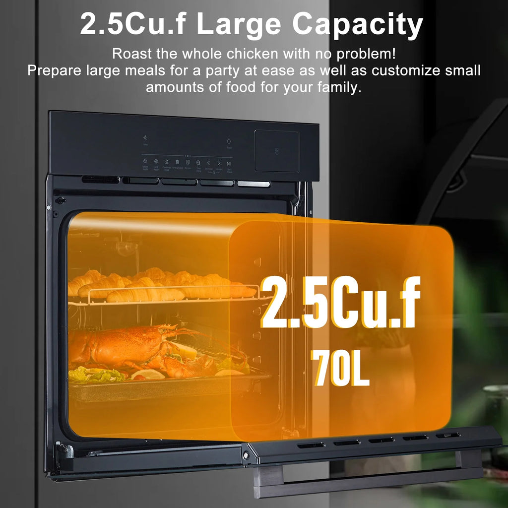 24 Inch Single Wall Oven Electric Built-In Oven, 2.5 Cu.Ft Wall Oven With Timer and Safety Lock, 3D Surround Heating, 3000W 240V, 8 Cooking Functions for Kitchen