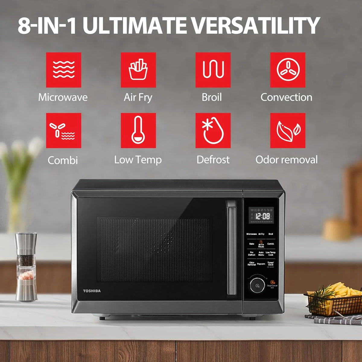 TOSHIBA 8-in-1 Countertop Microwave Oven with Air Fryer, Convection, Child-Lock, 1.0 Cu Ft, Black