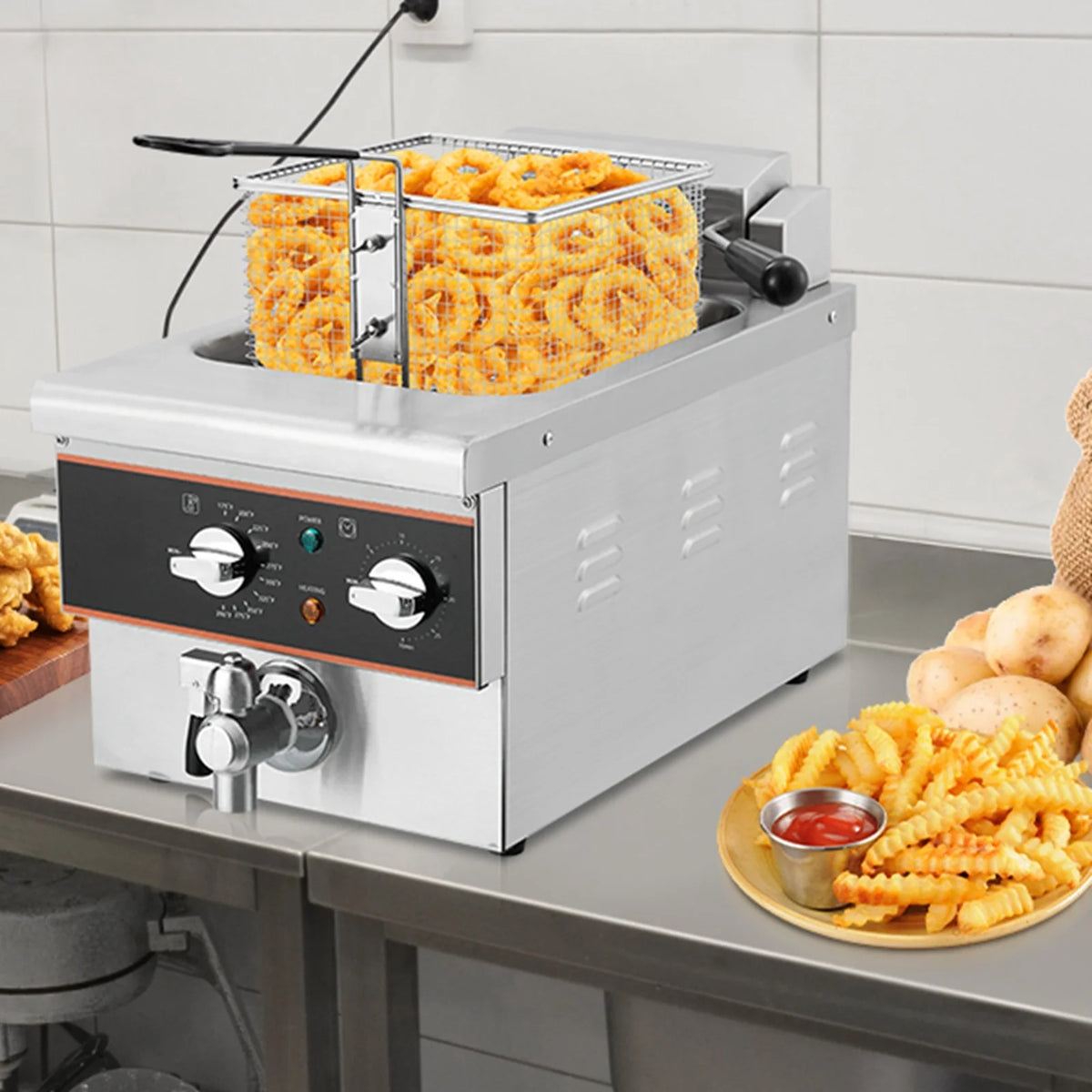 Aoile 6.3 Qt Commercial Electric Deep Fryer with Basket, Timer & Drain, Countertop Oil Fryer in Stainless Steel