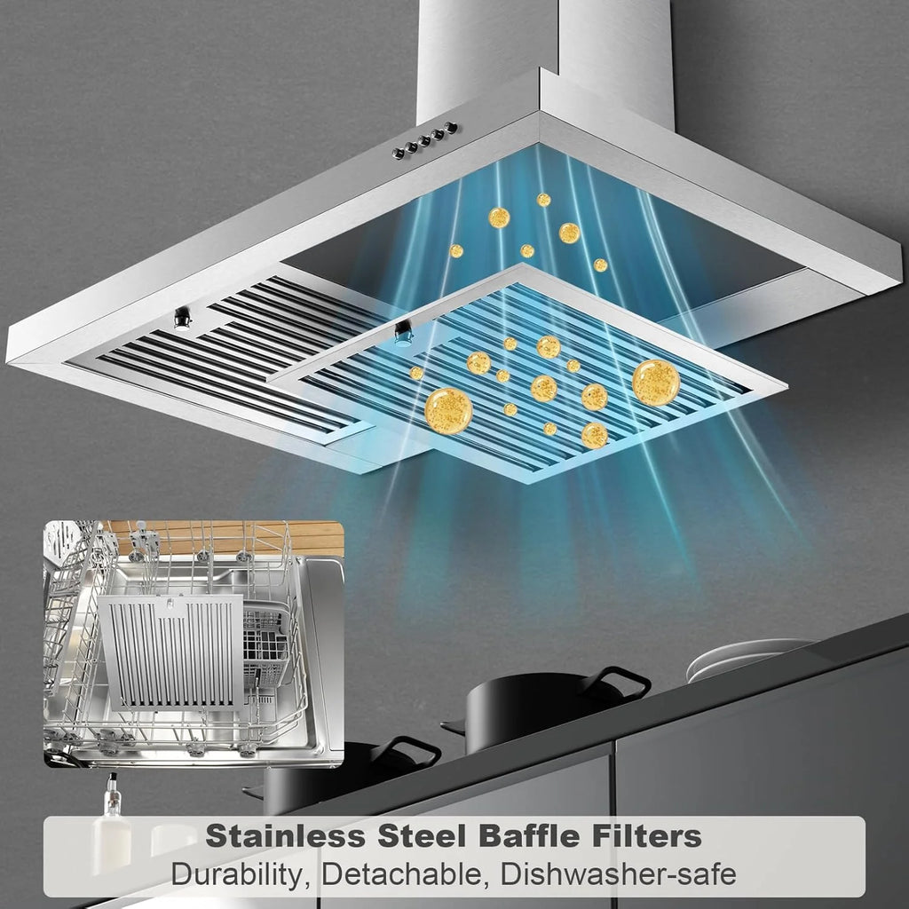 30-inch Wall Mount Range Hood 450CFM - Stainless Steel Kitchen Vent Hood, Ultra Quiet 55dB, Ducted/Ductless Convertible, 3-Speed + LED Light, Dishwasher-Safe Baffle Filters 120V