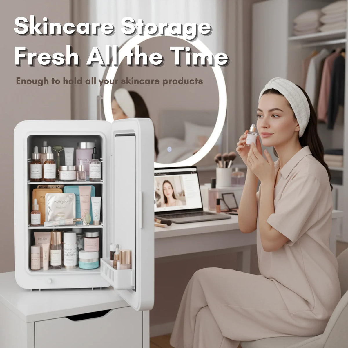 Advwin 22L Mini Fridge for Bedroom, Small Skincare Refrigerator Cooler for Drinks, Dorm, Office, White
