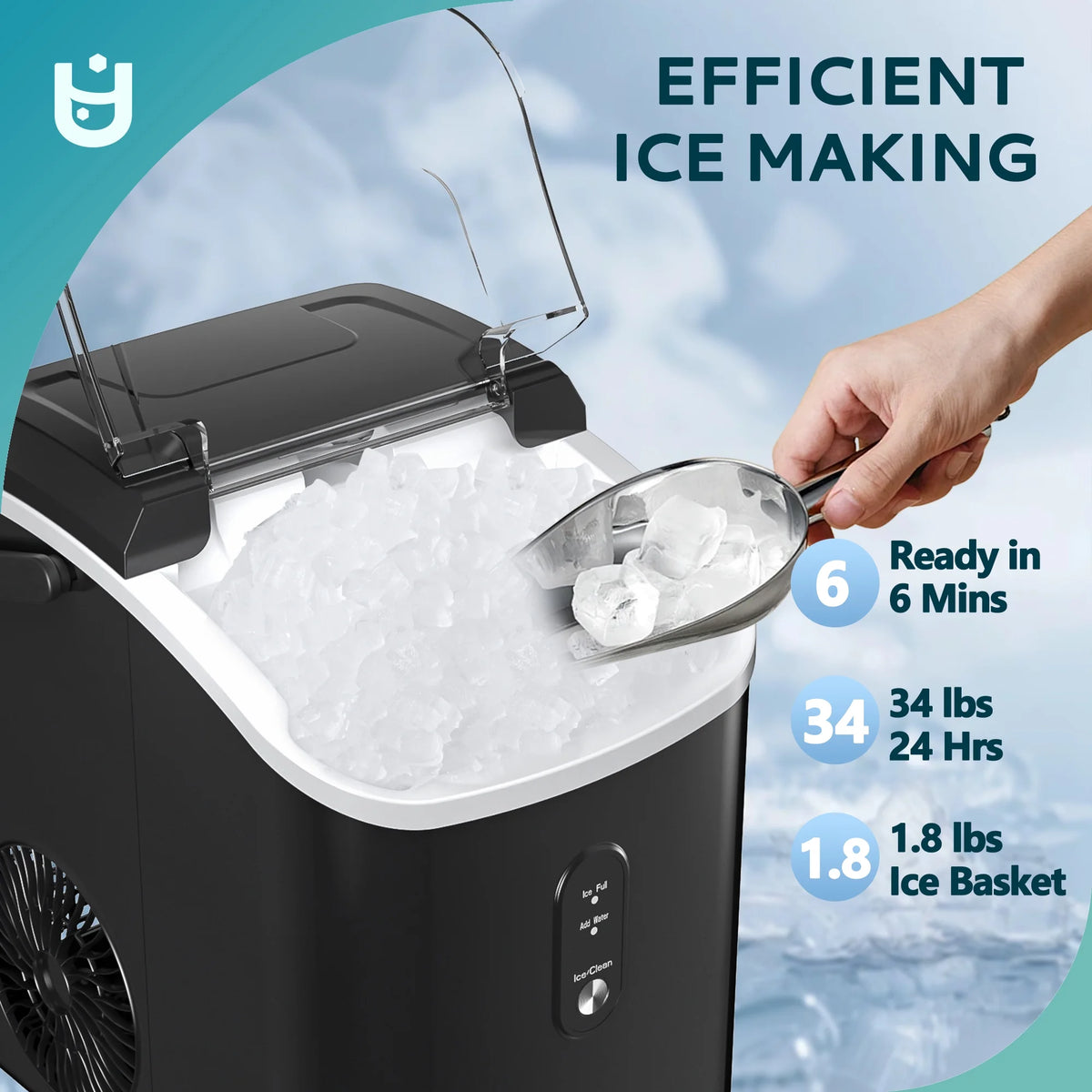 EUHOMY Nugget Ice Maker Countertop with Handle, Ready in 6 Mins, 34.5 lbs Per Day, Removable Top Cover, Auto-Cleaning, Black
