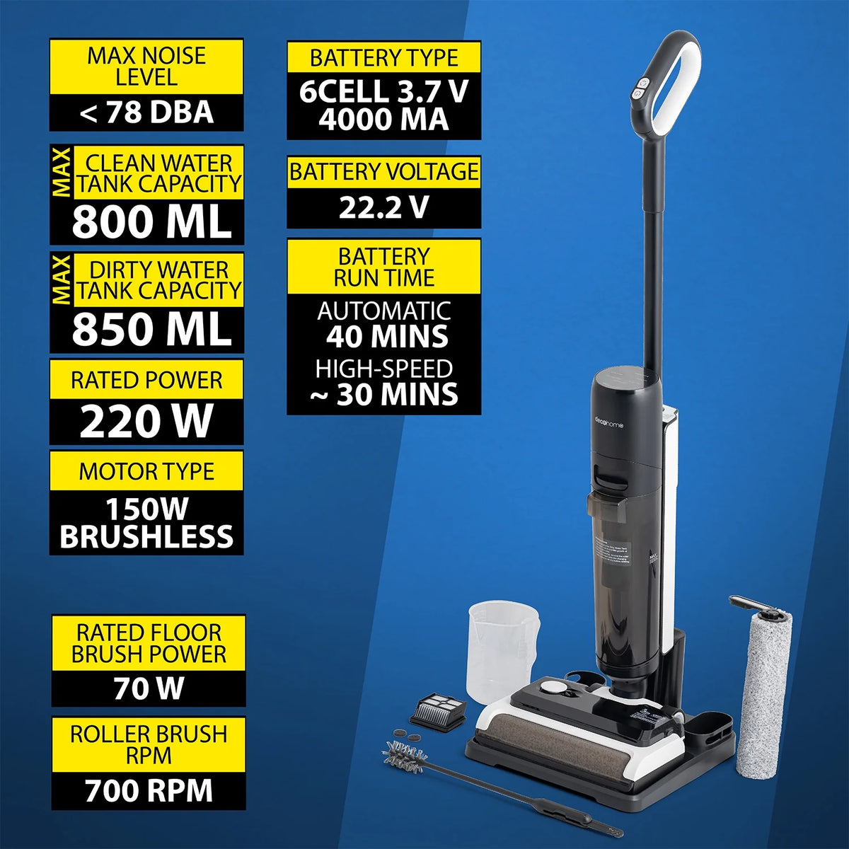 Deco Home 220W Wet/Dry All-in-One Vacuum and Hard Floor Cleaner, Cordless Battery with Self-Cleaning Charging Dock