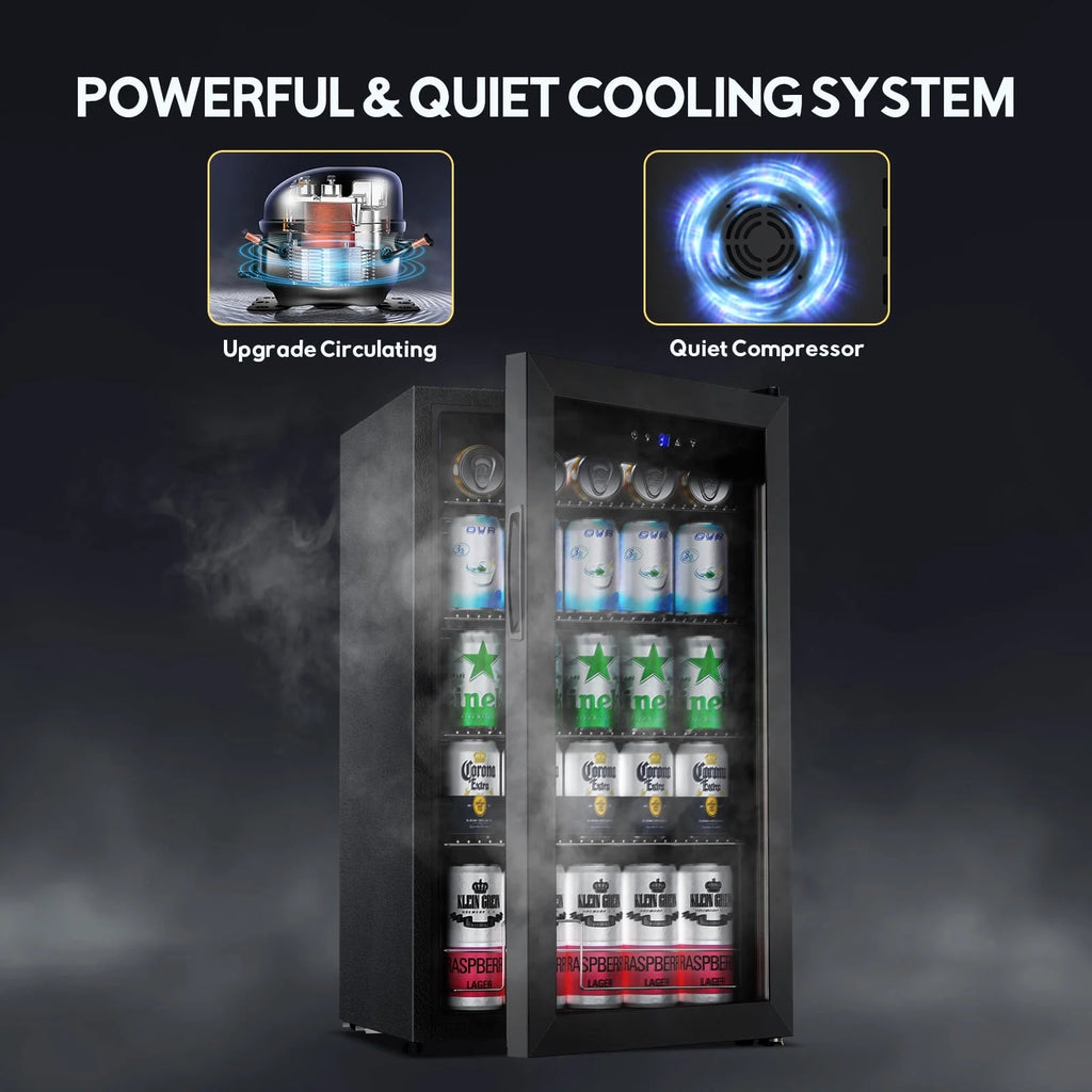 Nipus 17.52 inch Beverage Refrigerator Cooler,120 Cans Capacity with Glass Door for Soda Wine Beer, with Adjustable Removable Shelves, Black