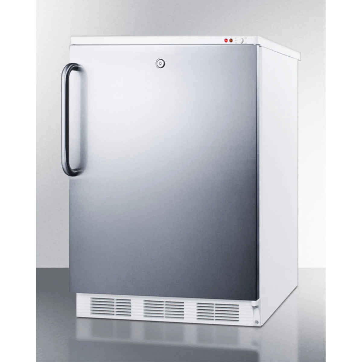 Freestanding medical all-freezer capable of -25 C operation, with front lock, wrapped stainless steel door and towel bar handle