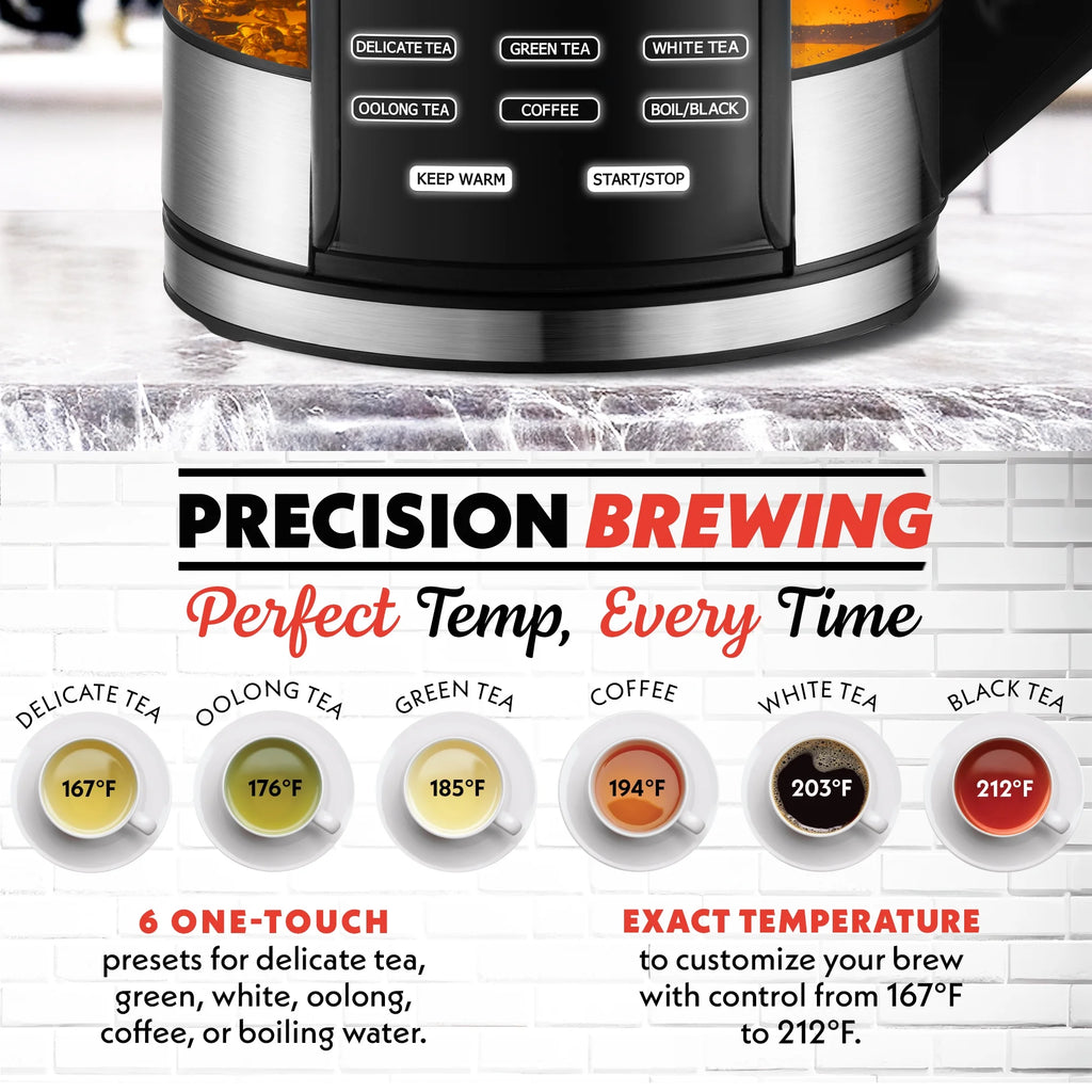 Gourmia 1.7L Programable Glass Kettle with Touch Display, Infuser, Black