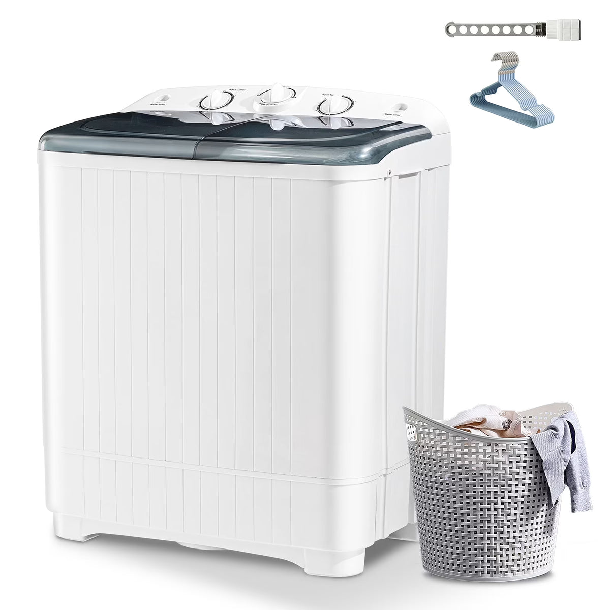 Dimedeal Portable 18lbs Twin Tub Mini Washing Machine, 11lbs Washer & 7lbs Spinner with Drying Rack & Hangers