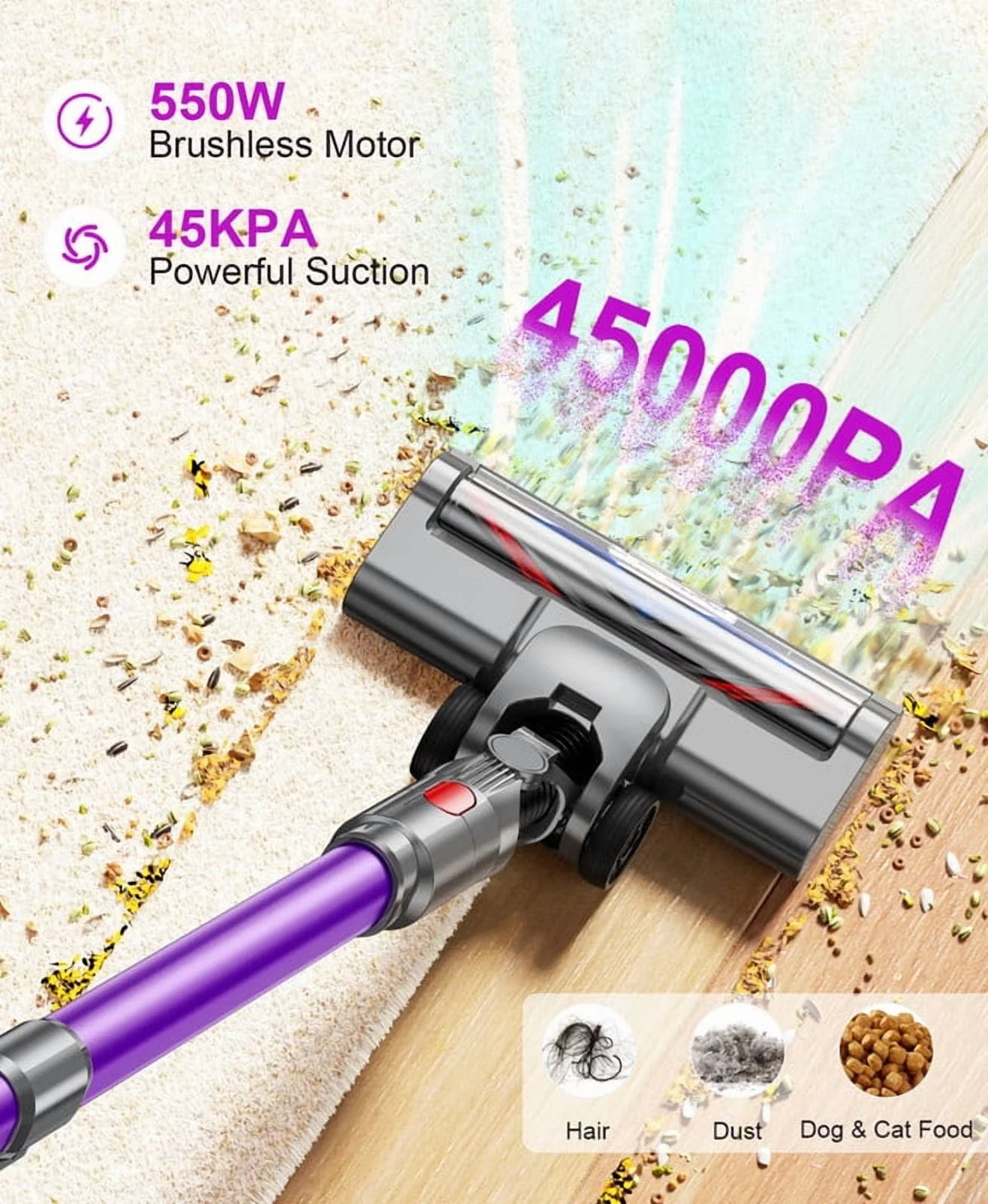 Hosaud Cordless Vacuum Cleaner - 45000pa 550W 55mins 2600mAh Lightweight Stick Vacuum Cleaners for Home Pet Hair Carpet Floor Purple