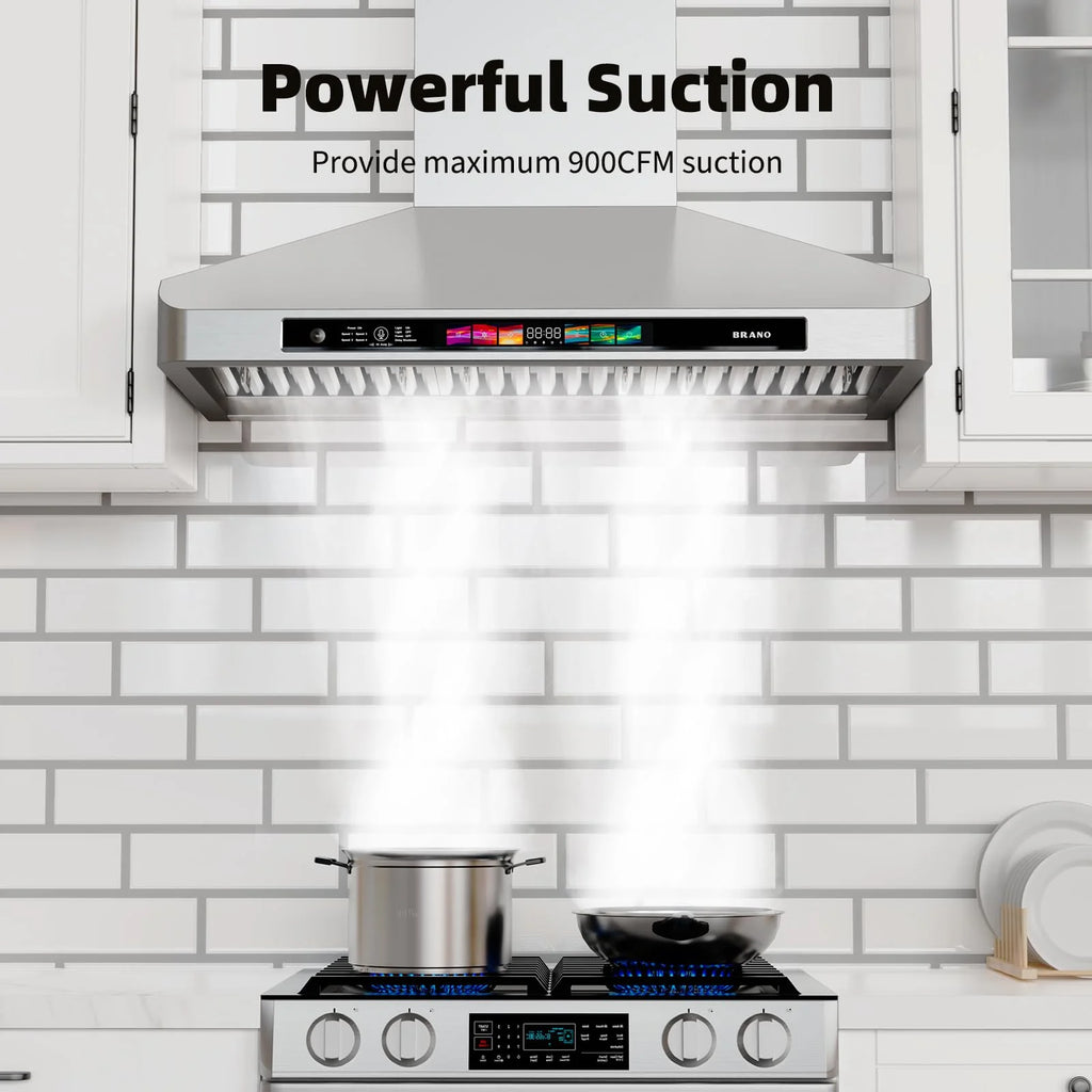 Brano 30-Inch Canopy Range Hood, Wall Mount, 900 CFM, 4-Speed Exhaust Fan, Stainless Steel, LED Lights, Memory Mode
