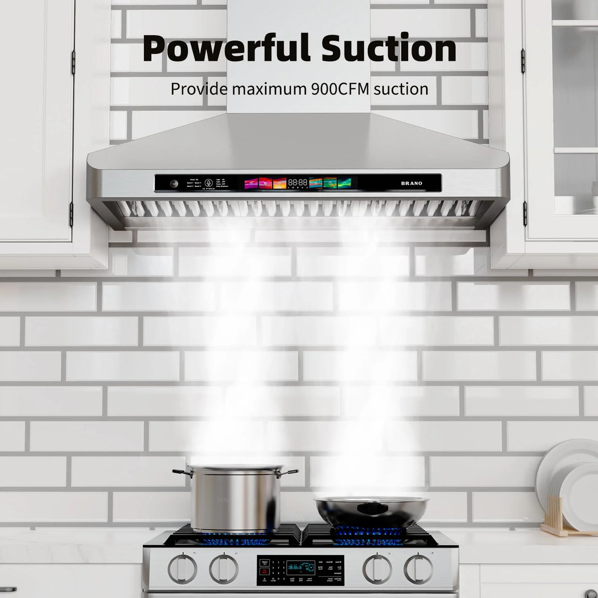 Brano 30-Inch Canopy Range Hood, Wall Mount, 900 CFM, 4-Speed Exhaust Fan, Stainless Steel, LED Lights, Memory Mode