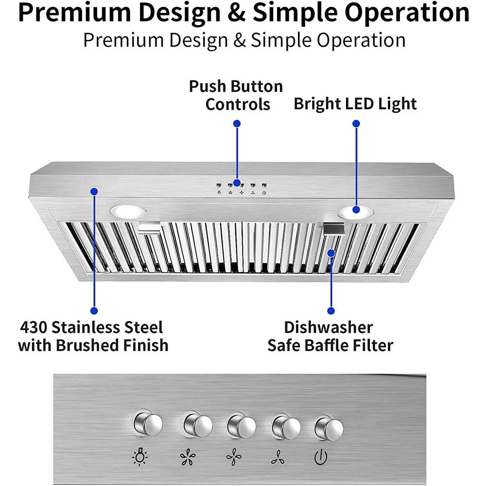 Stainless Steel Range Hood 30 inch Under Cabinet Range Hood 500 CFM with 3 Way Venting Vent Hood
