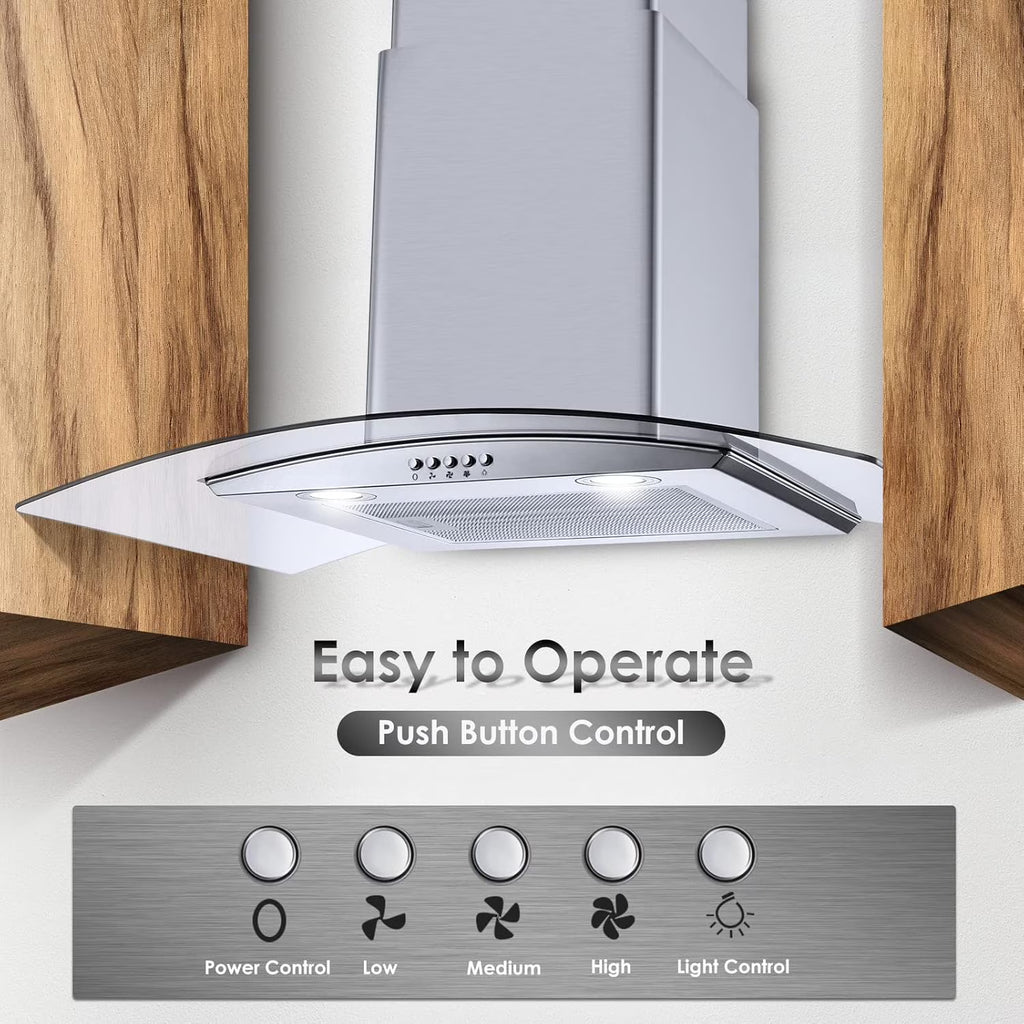 Range Hood 30 Inch, Tieasy Wall Mount Kitchen Hood with Ducted / Ductless Convertible Duct, Stainless Steel Chimney and Aluminum Filters, LED Lights, 3 Speed Fan, Push Button