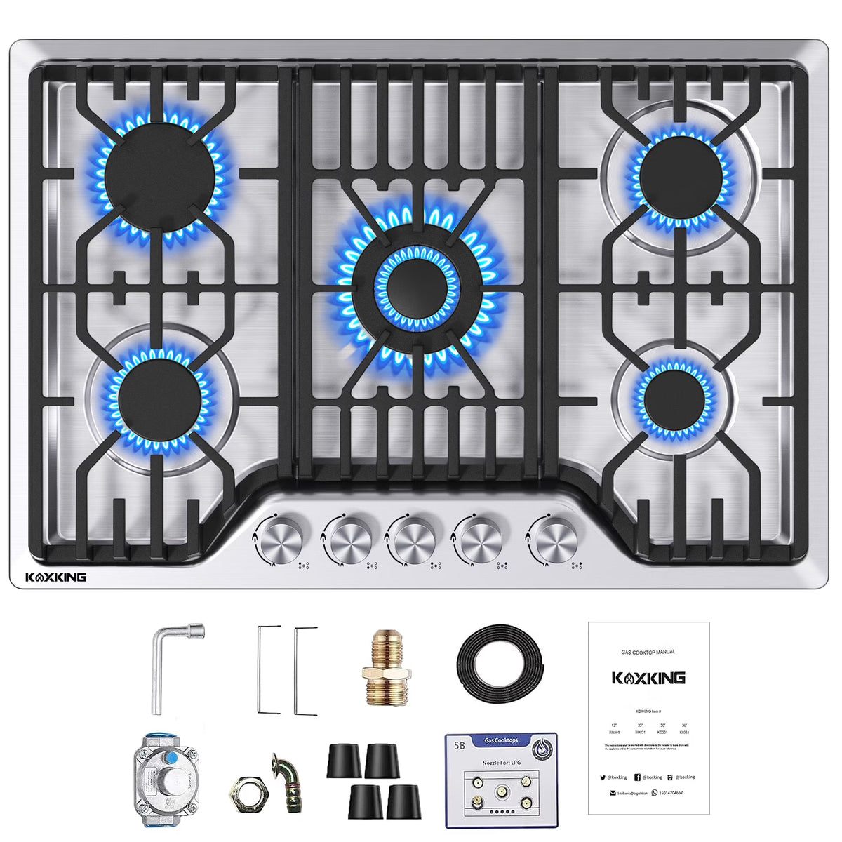 30 Inch Gas Cooktop, 30 inch Bulit-in Gas Stove Top with 5, Five Burner Propane Cooktop with Thermocouple Protection, 30 Inch Stainless Steel NG/LPG Convertible Cooktops Dual Fuel