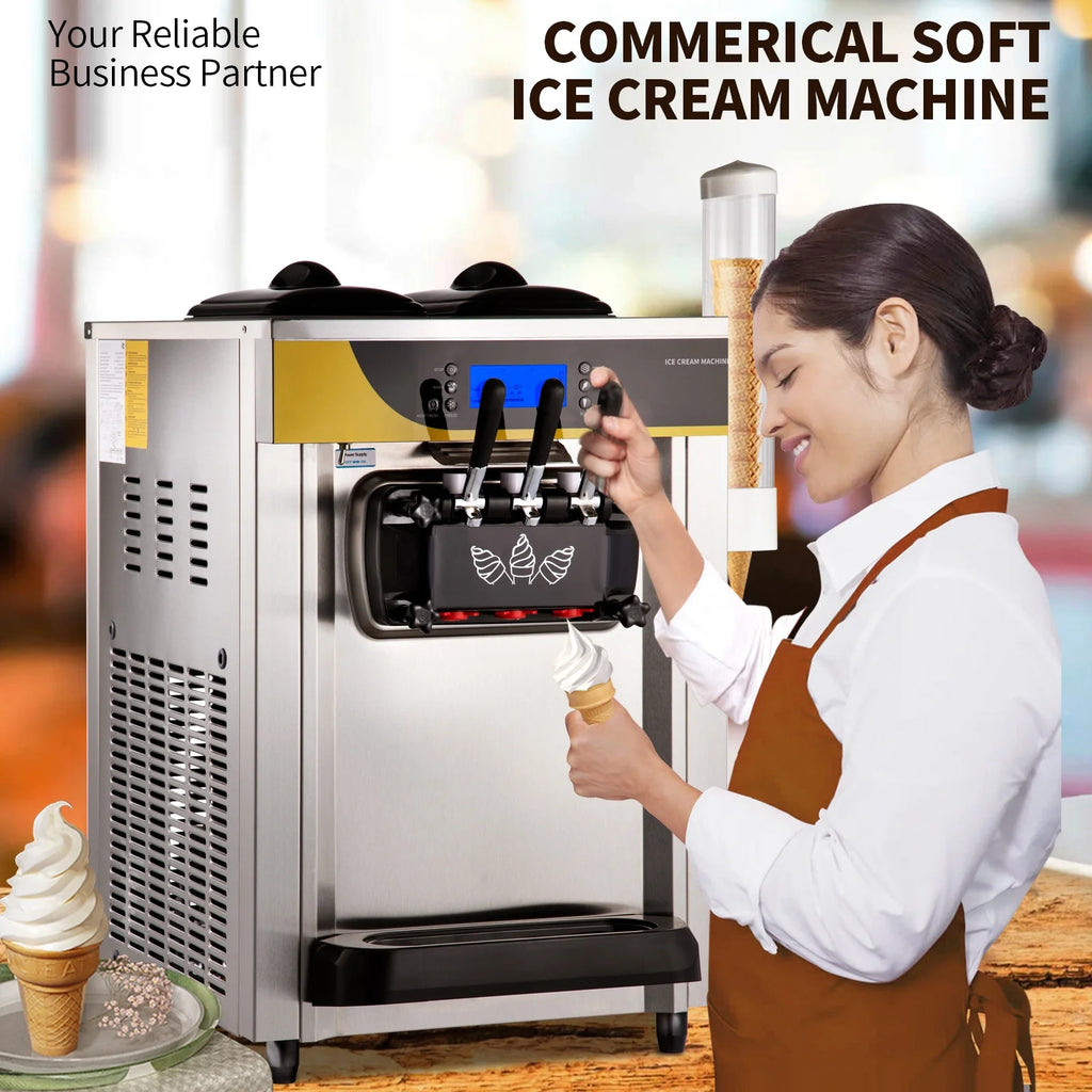 BENTISM Commercial Ice Cream Maker, 22-30L/H Yield, 2200W Countertop Soft Serve Machine w/ 2x6L Hopper 2L