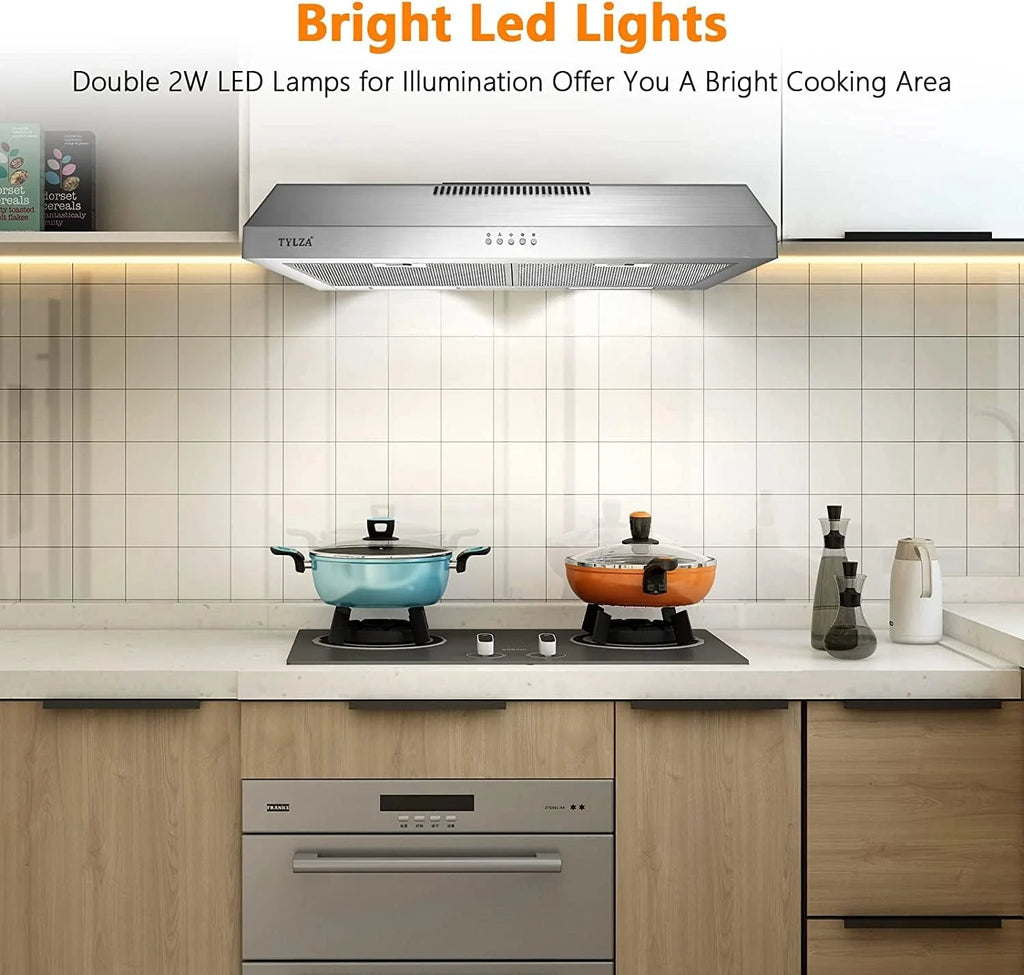Tylza 30" 600 CFM Stainless Steel Kitchen Under Cabinet Range Hood with 2 x 2W LED Lights and 2 Replacement Charcoal Filter