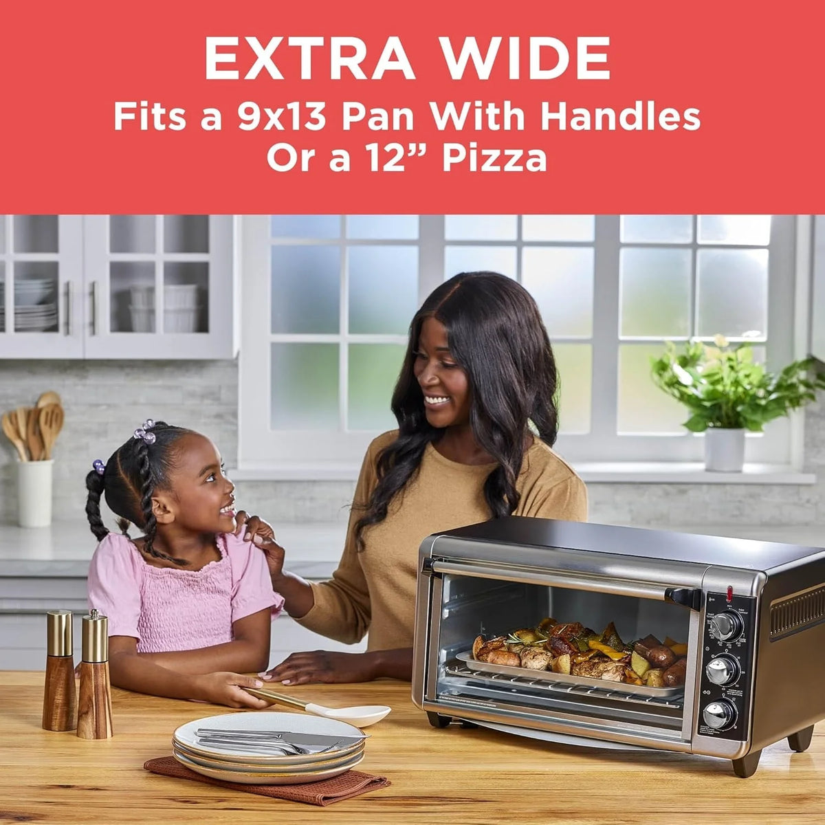 8-Slice Extra Wide Convection Toaster Oven, Fits 9"x13" Oven Pans and 12" Pizza, Bake, Toast, Broil, and Keep Warm Functions, Countertop Compact Design with Stainless Steel Finish