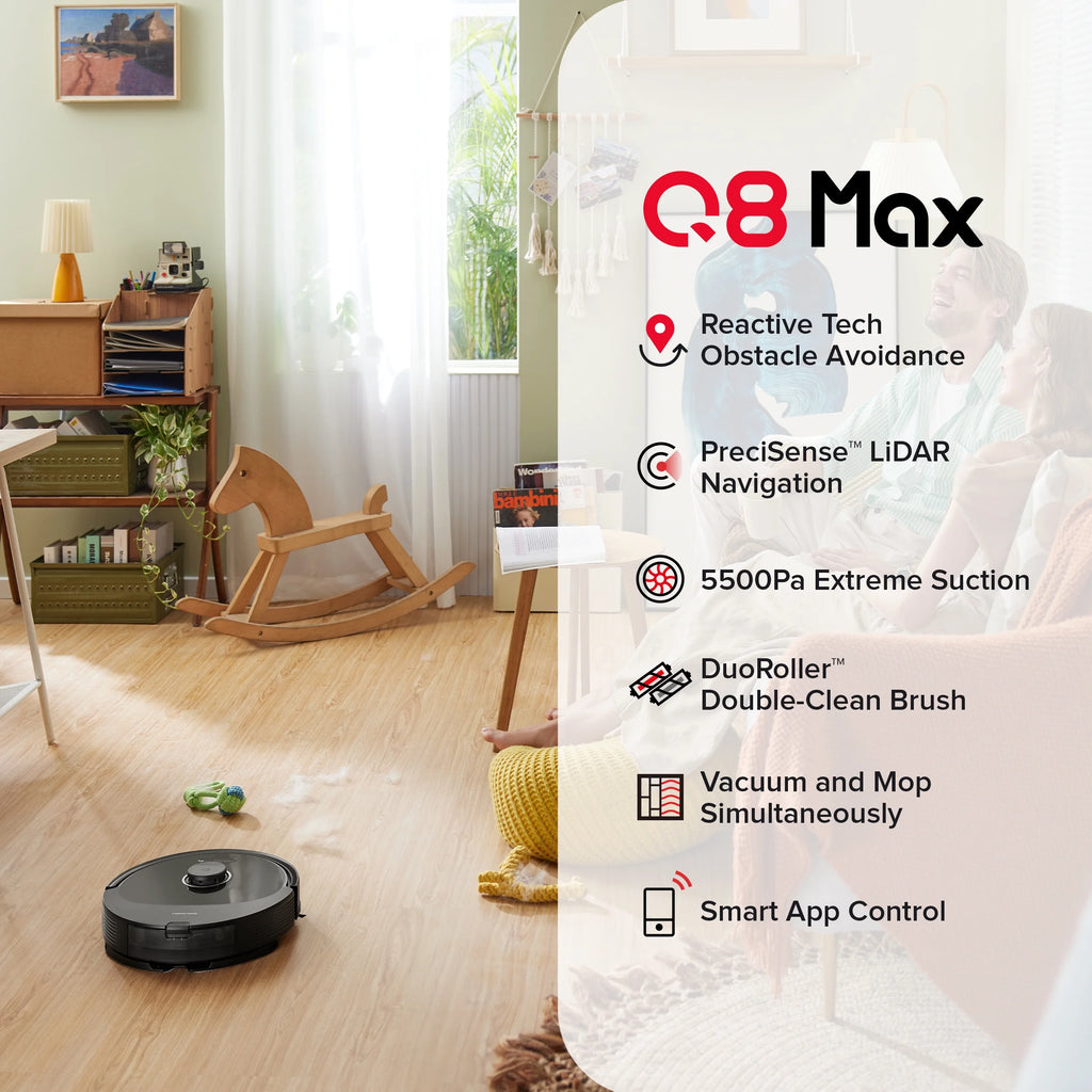 Roborock Q8 Max Robot Vacuum and Mop with Obstacle Avoidance, LiDAR Navigation, 5500Pa Suction Power, and App Control(White)