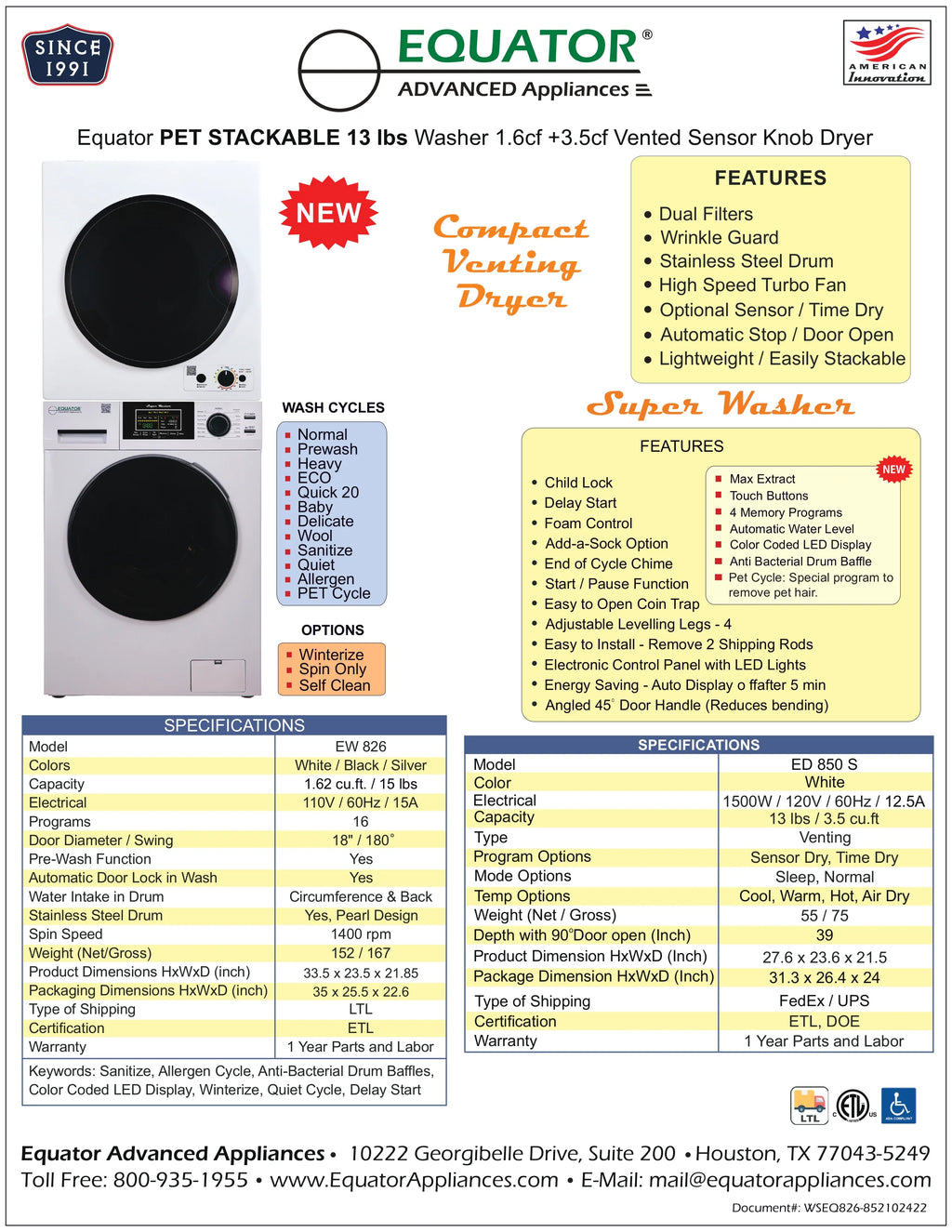 Equator 110V 1.6 cf Washer w/ Pet Cycle & 110V 3.5cf Compact Short Dryer