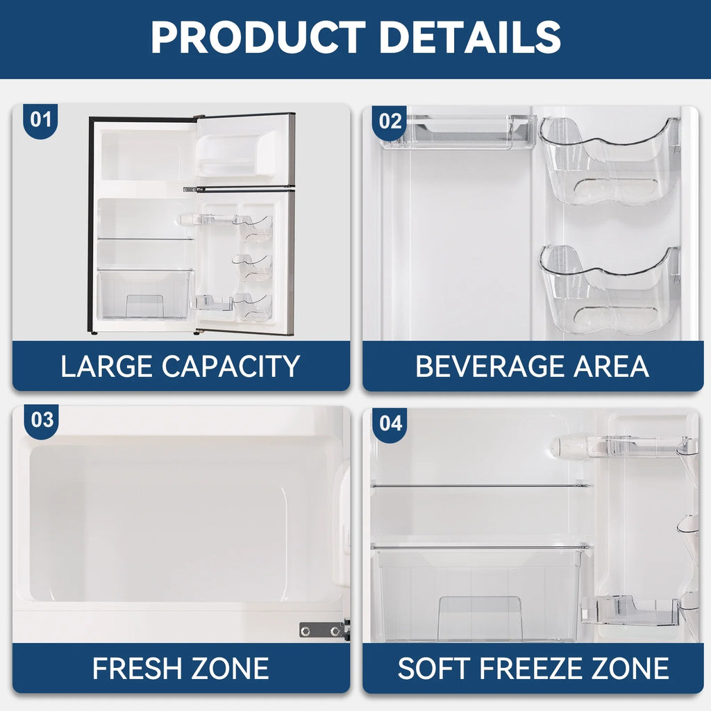 Frestec 3.2 Cu ft Two Door Mini Fridge with Freezer, Stainless Steel, E-Star